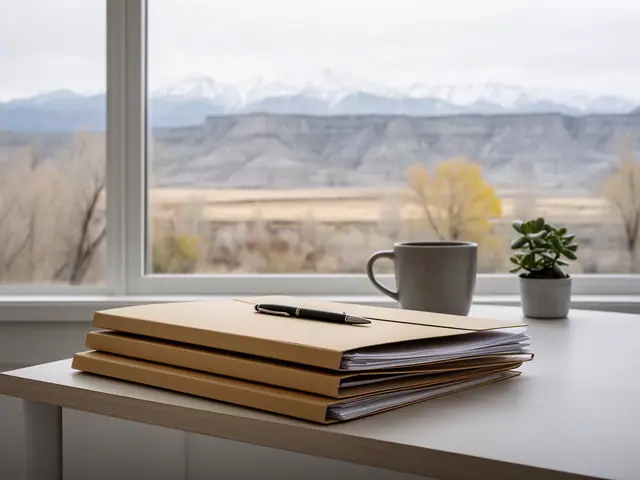 A neat stack of closed manila folders and a pen on a desk by a window.