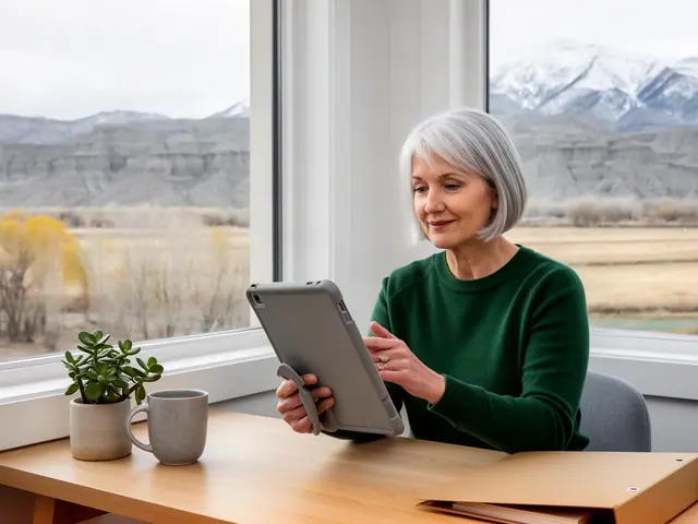 A woman with a short silver bob reviewing a tablet at a desk in a small back office.
