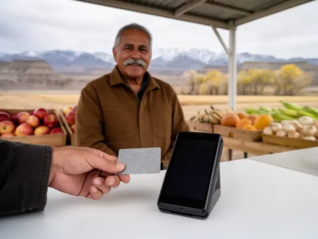 A customer taps a card on a counter terminal at a small farm stand of sweet corn and apples.