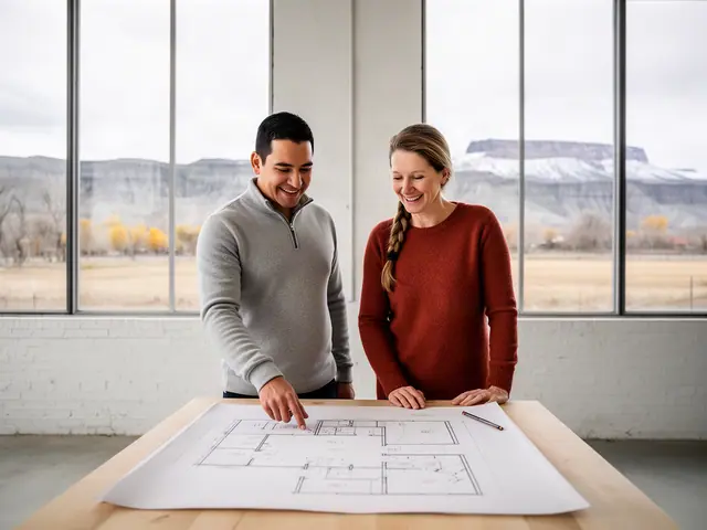 Two business partners looking over a pencil floor sketch in an empty storefront.