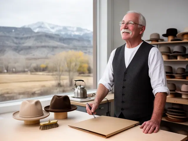 A hatmaker at his bench with two felt hats on wooden blocks, a brass-handled brush and a closed folder.